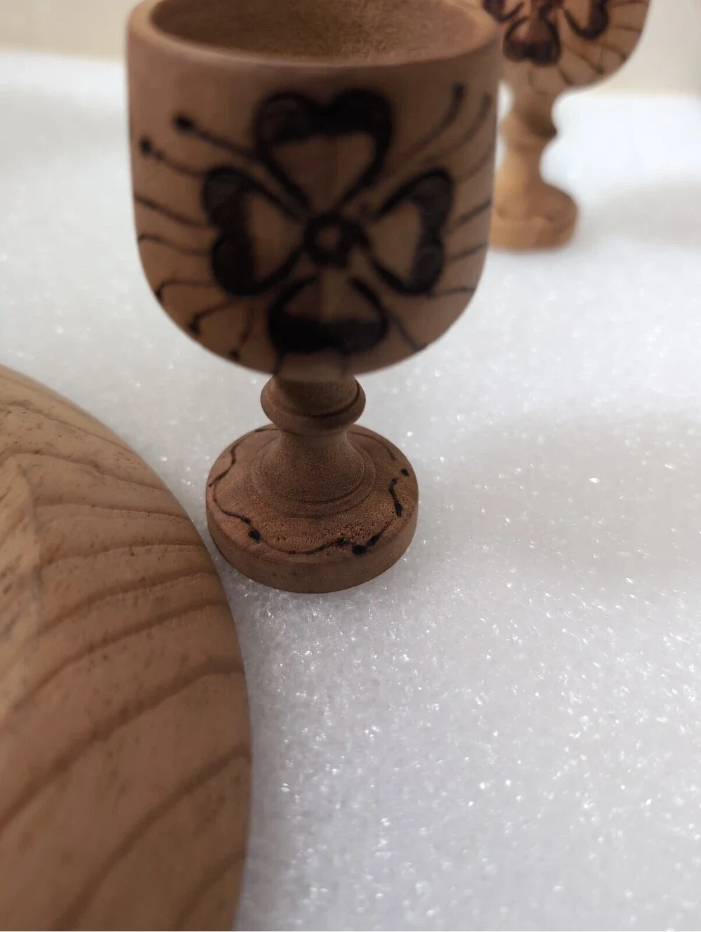 Vintage Wooden Pyrography Folk Art Decanter with 6 Stem Cups and Serving Tray